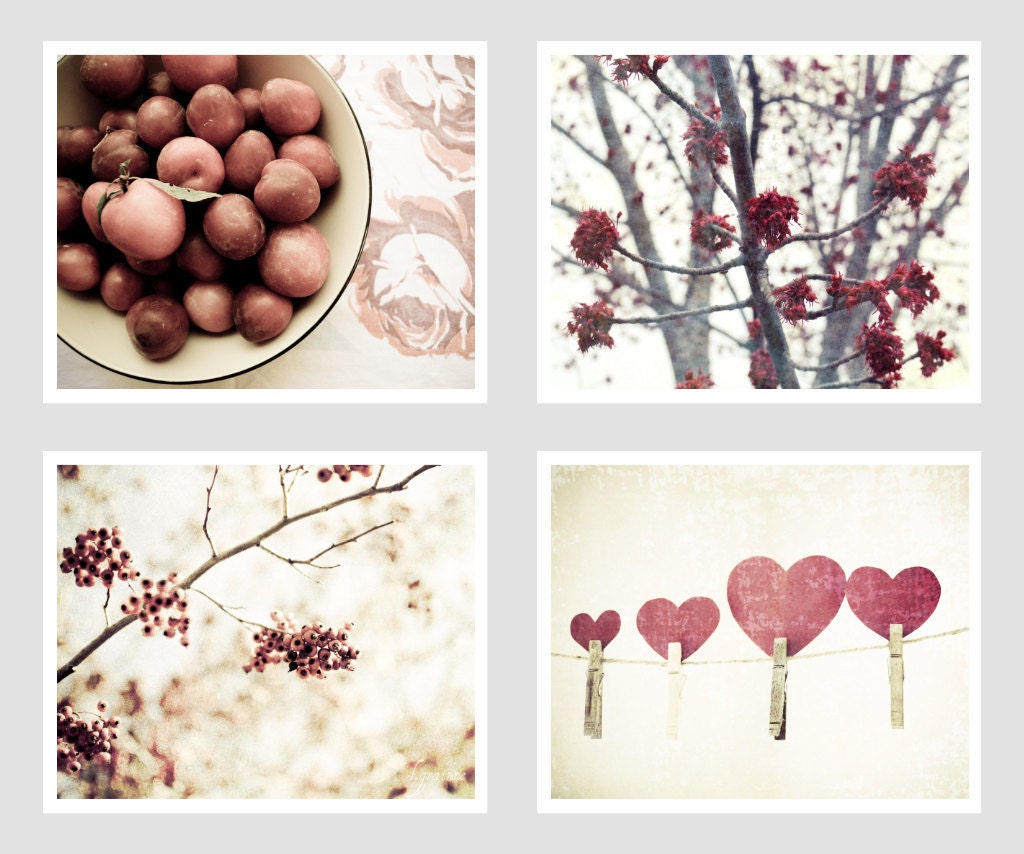 Nature Photography , Berries and Vanilla, Set of Four 5x7 Prints,  Red, Crimson, Cream, White, Burgundy, Berry, Home Decor
