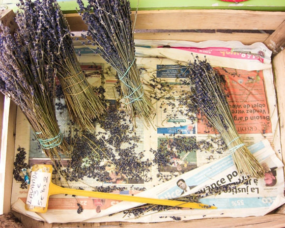 Fresh Lavender, La Lavande, French photograph, outdoor market, kitchen art, purple, orange, wooden box, newspaper, whimsical art, france
