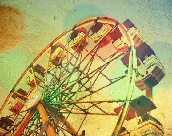 Summer photograph nursery decor colorful yellow aqua peach mint Ferris wheel photograph summer fair childs room decor baby room