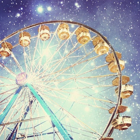 30% off - Carnival Photography - Ferris wheel photo stars night sparkly lights indigo blue night sky nursery room decor summer print 8x8