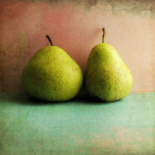 30% off , Kitchen Art - Two Pears - Art For Kitchen Green fruit pink teal aqua still life 8x8 Fine Art Food Photo  Art for kitchen