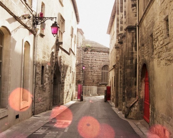 Street in France photograph fine art print pink bokeh lights beige tan brown old stone buildings 8x10 - Where shall we go