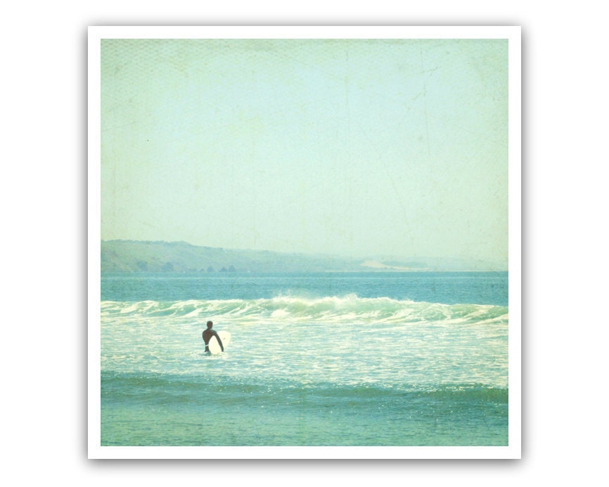 Ocean Photography - surfer pale aqua blue mint decor vintage ocean sea photography seafoam retro california beach photo 8x8 - Sunday Surf