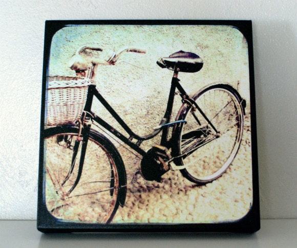 Canvas Gallery Wrap - Black bike fine art photography retro bicycle wall art beige cream decor whimsical 10x10