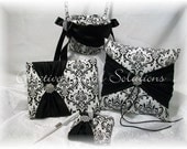 Madison Black and White Damask Ring Pillow, Flower Girl Basket, Guest Book and Guest Pen 4pc Set