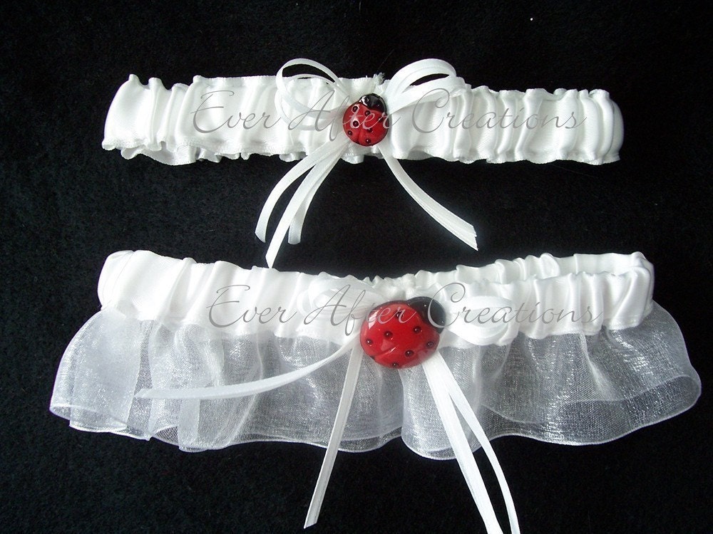 White LadyBug Themed Wedding Bridal Garter Set