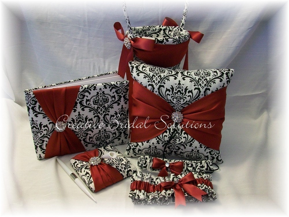 Black and White Madison Damask with Dark Red Wedding Ring Bearer Pillow, Flower Girl Basket, Guest Book, Guest Pen and Garter Set