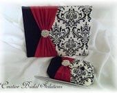 1/4 Black and White Madison Damask with Red Wedding Guest Book & Pen Set- V