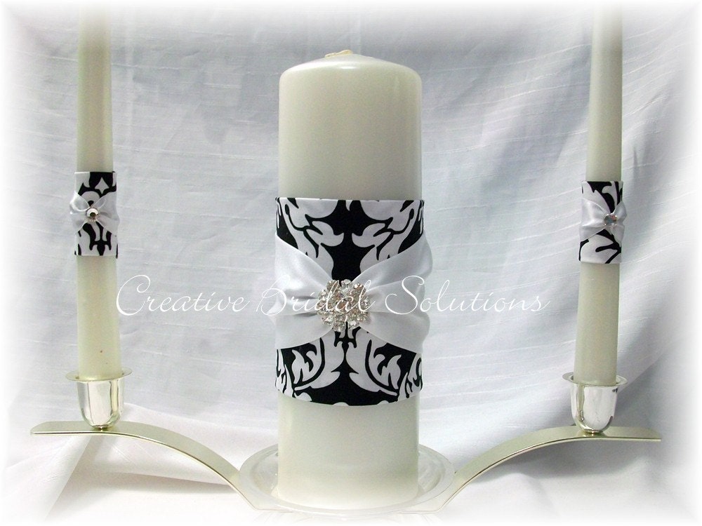 Black and White Dandy Damask with White Wedding Unity Candle Set
