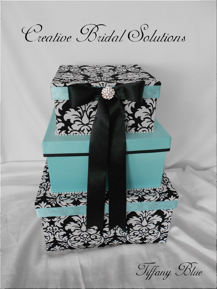 Three Tier Black and White Dandy Damask with Tiffany Blue Wedding Card Box