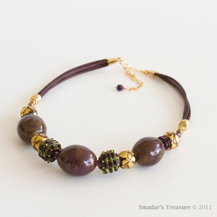 On Sale - Leather Beaded Necklace in Gold, Plum Purple, Olive Green