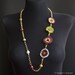 Asymetrical Gold Chain Necklace with Pearls and Colorful Beaded Flowers
