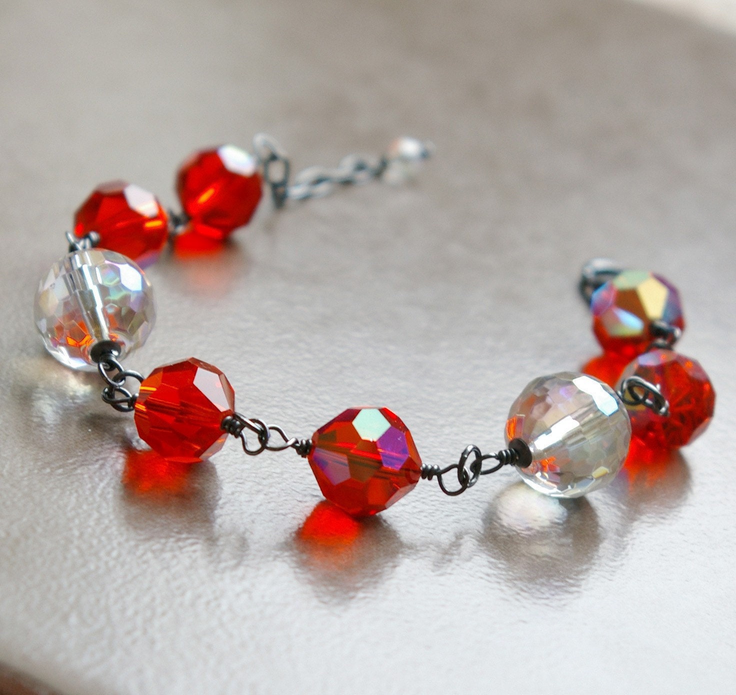 Red Swarovski Bracelet -   Vintage - Mystic Quartz  -  Oxidized Silver -  Crystals -   Swarovski Jewelry  - Handmade