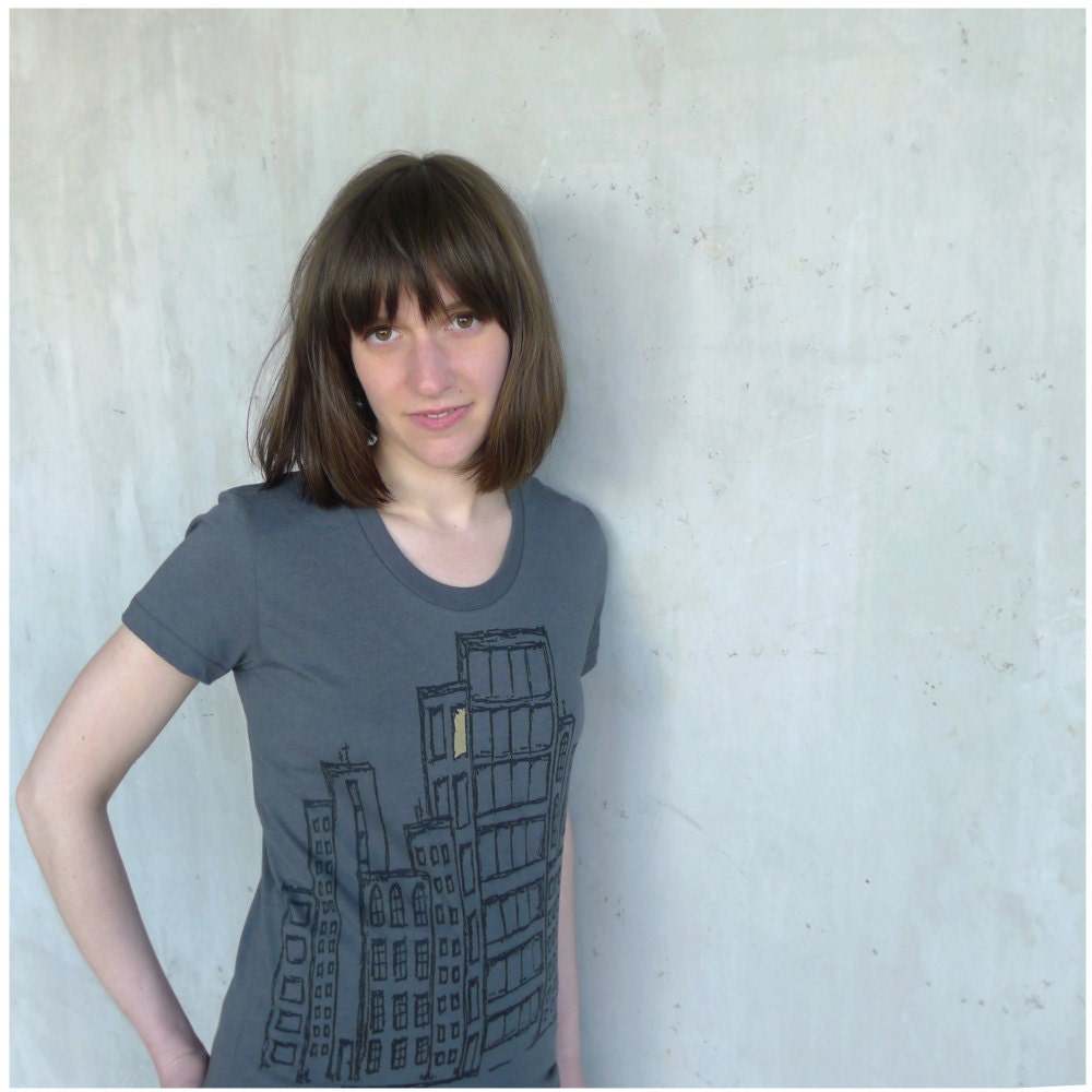 Womens t shirt - S/M/L/XL - city skyline in black and yellow on asphalt gray tees - urban fashion - Don't Wait Up