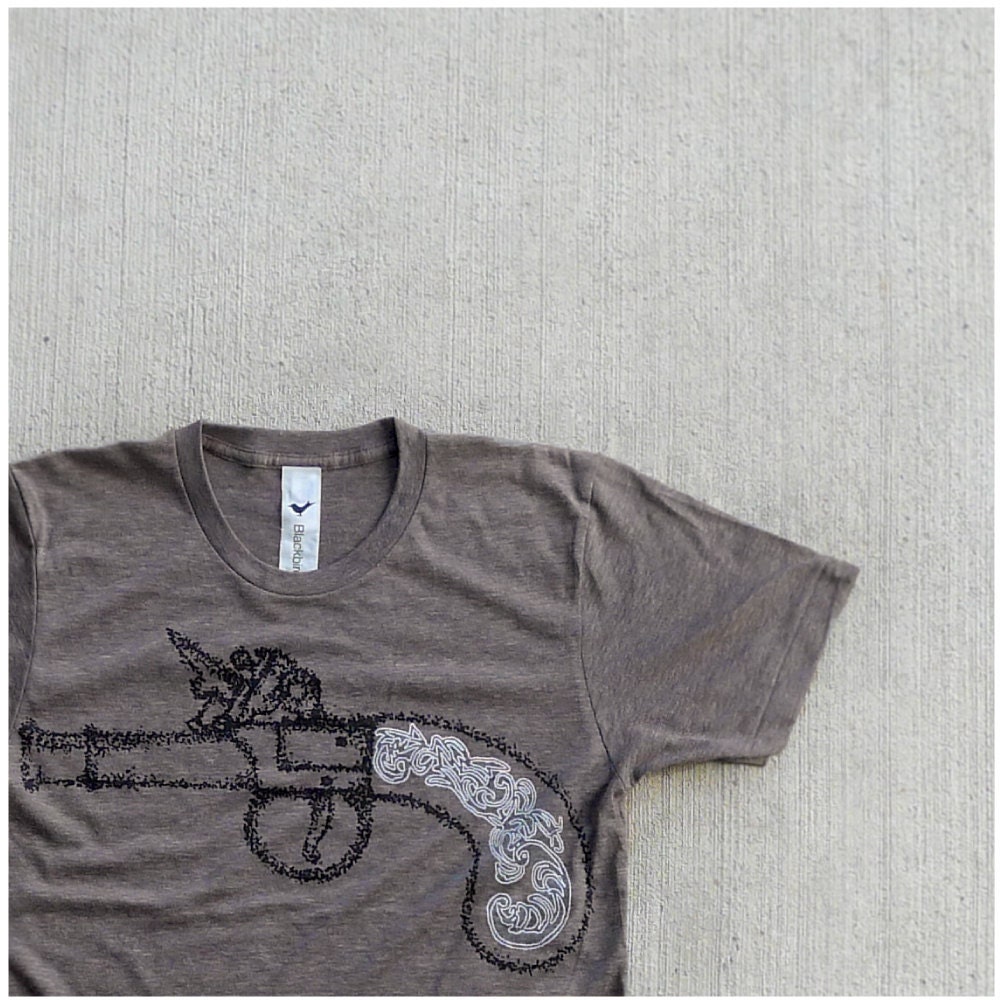 Sure Shot - mens t shirt - S/M/L/XL - antique pistol screenprint on American Apparel heather brown track tees - mens fashion
