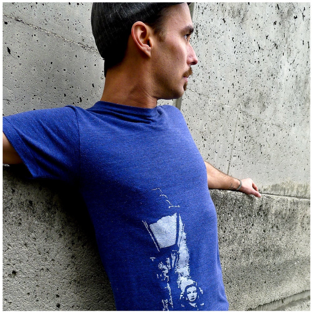 SALE - mens tshirt - SMALL - film noir screenprint on American Apparel heather indigo - Scarlet Street