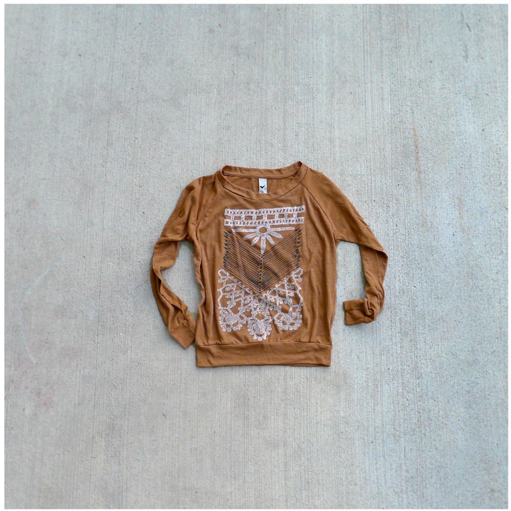 Womens pullover - boho fashion - S/M/L/XL - tribal chest plate design on rust orange raglans - THE NOMAD