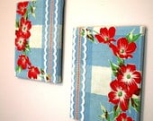 Vintage Fabric Wall Hanging Art Red Blue White Green Floral with Vintage Trim