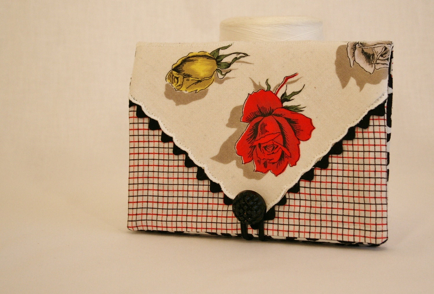 Photo Album Brag Book Vintage Fabric Hankerchief Trim Button Black White Red Yellow Grey Preppy Valentines Day Romantic