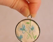 Vintage Flocked Butterfly Flowers Fabric Pendant Blue Green White Springtime