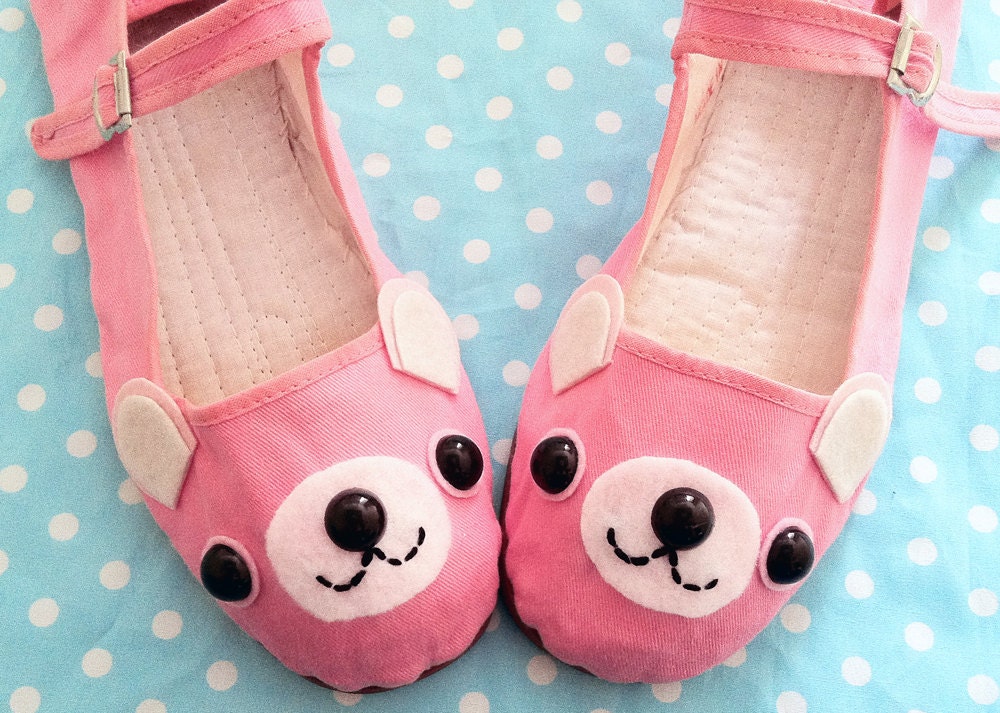 Bear Shoes - Pink Happy Animal Mary Janes - Adult Size 8