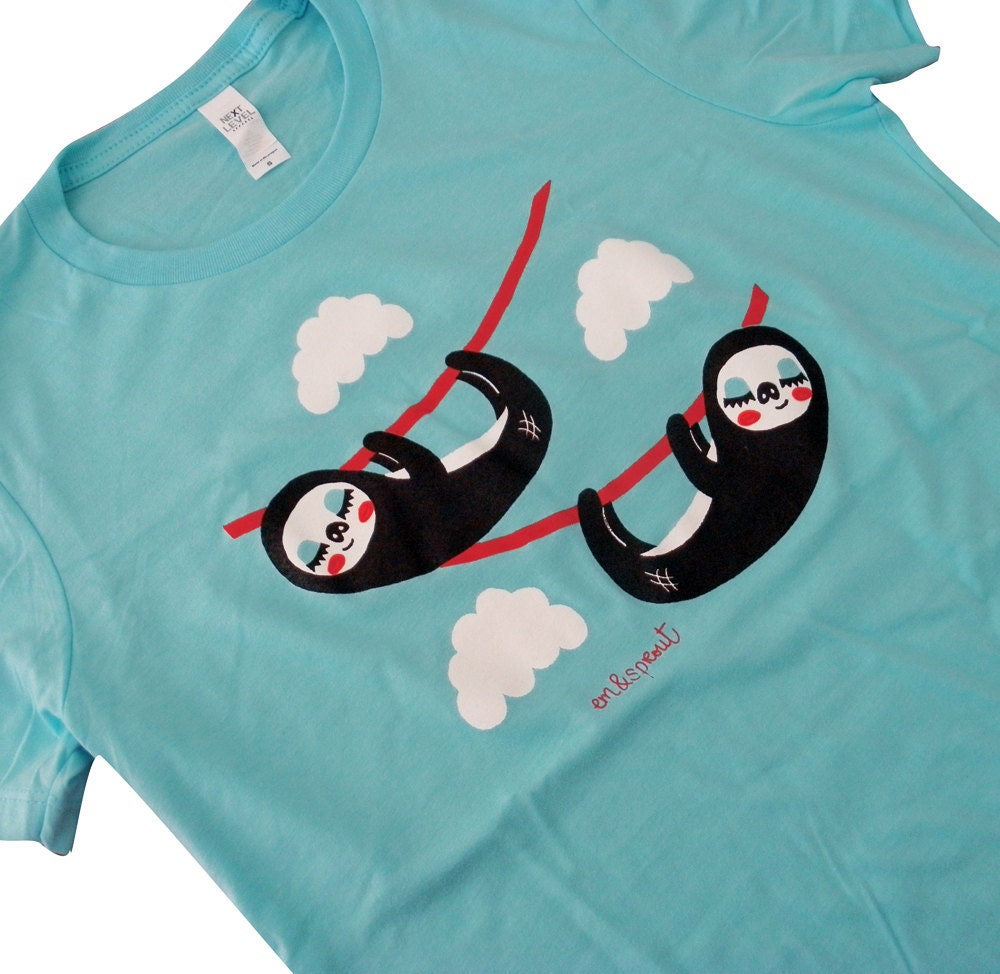 Sloth T-Shirt - Cute Sloths Aque Blue Shirt - Available in Ladies sizes S, M, L, XL