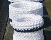 Crochet Nesting Bowls, Nesting Baskets - Set of 3 White with Black Trim - Annabelle Baskets