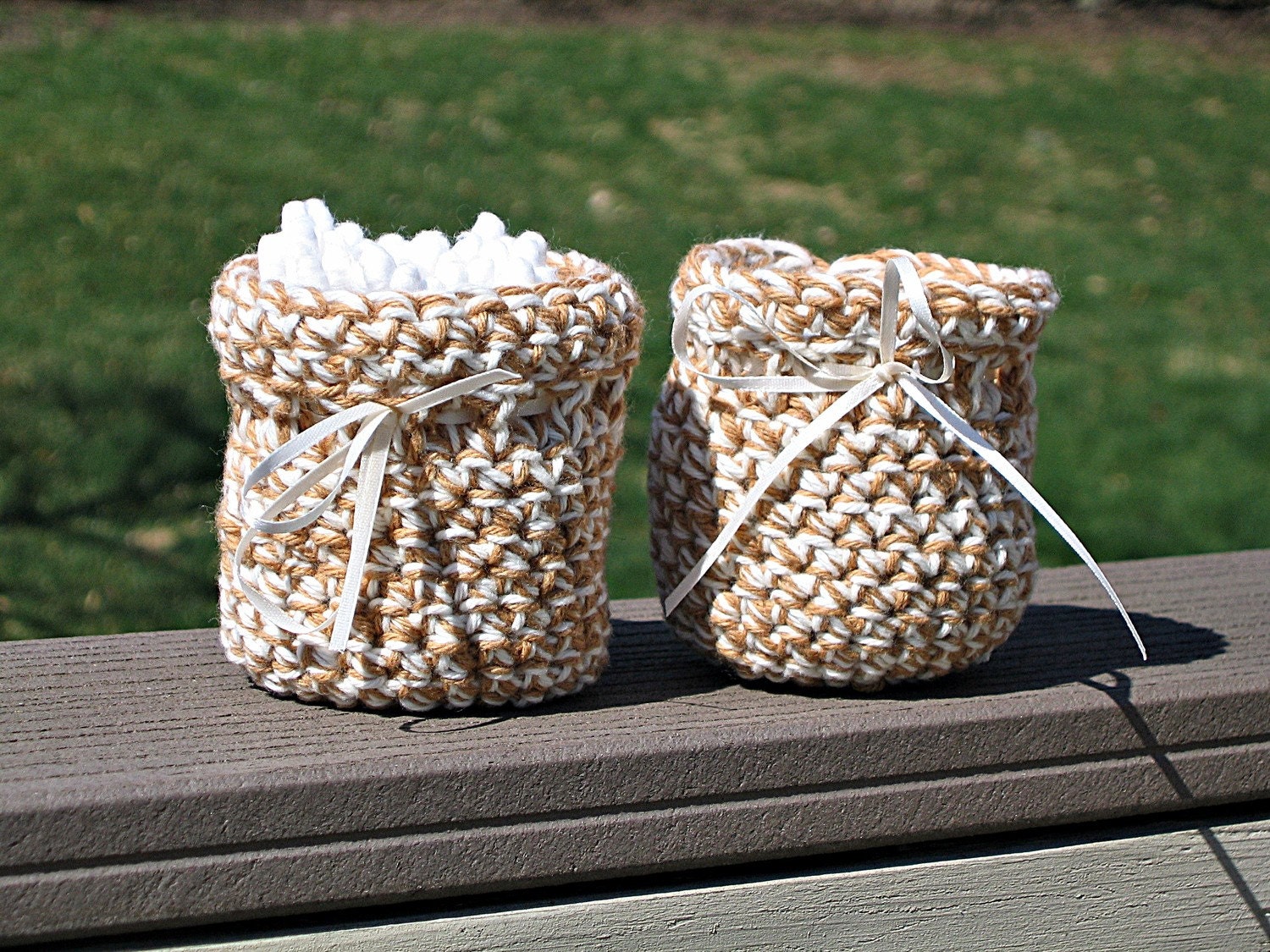Crochet Bowls Crochet Baskets - Bathroom Set of 2 Tan and White