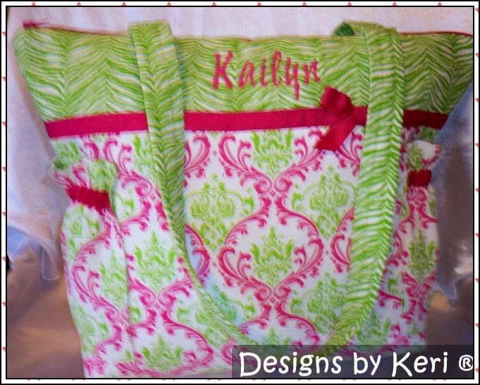 Designs by Keri Madison Damask Hot pink Lime Duffle Diaper bag tote