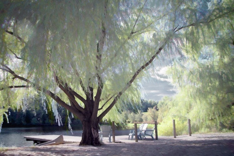 Weeping willow tree dreamy summer day canoe lake dock surreal green blue soft pastel infrared photograph 8x12 - Lazy Afternoon