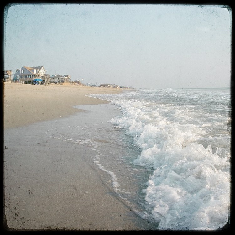 Beach Photo, ocean waves summer sand blue sky morning art print 8x8 - Walking in the Waves