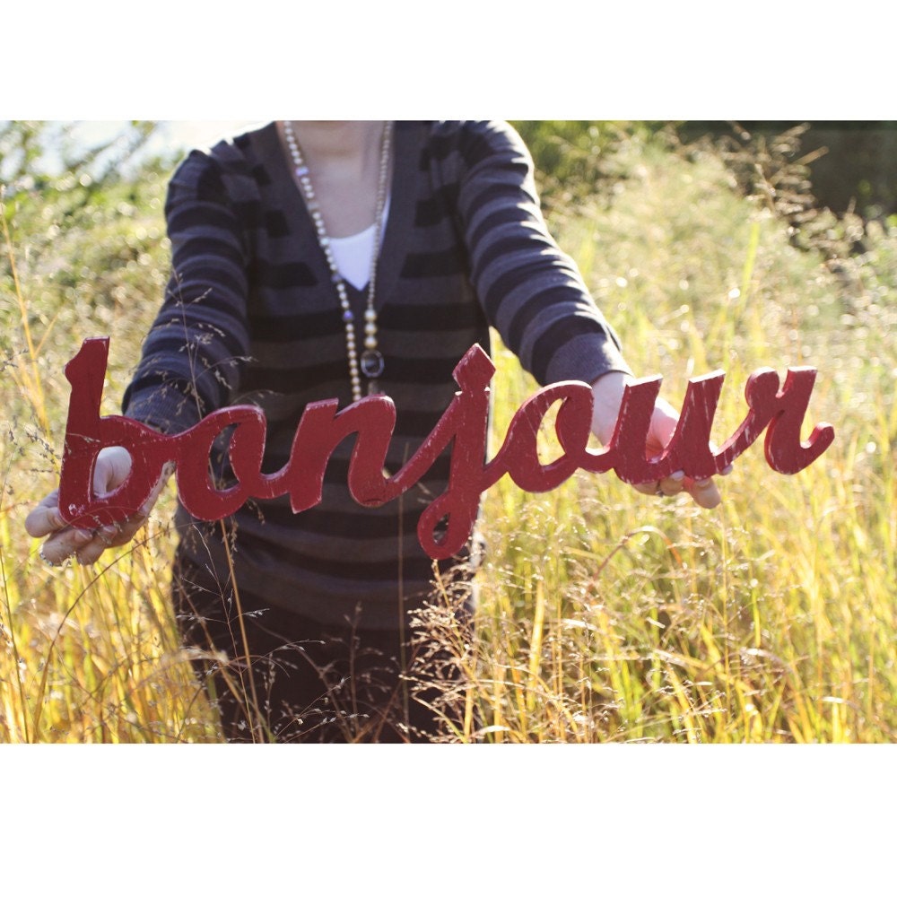 bonjour handmade wood sign - wall decoration for vintage or modern decor