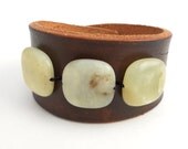 Women's Brown Leather Cuff with Jade Stone Beads