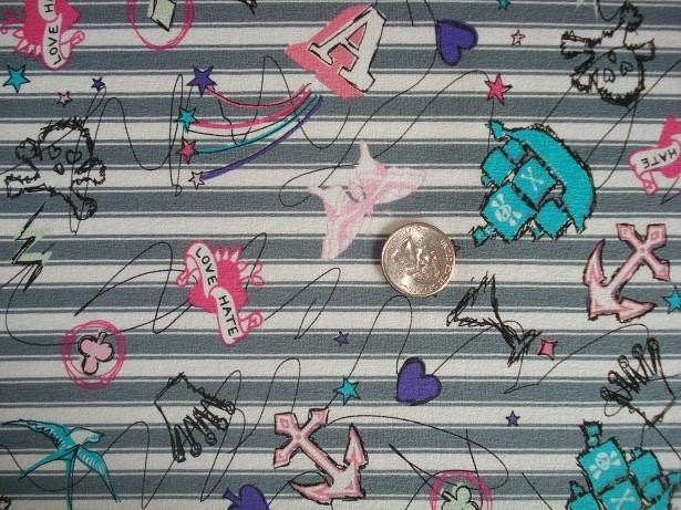 DIY crossbone and skulls, pirate ships, love hate hearts striped knit fabric 1 YD