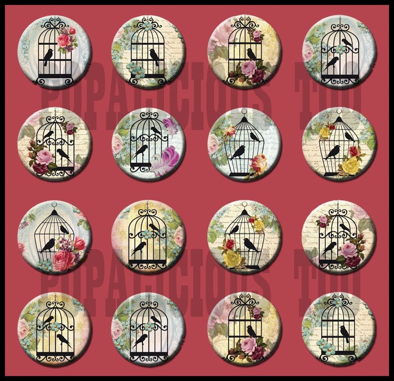 16 Birds Cages Shabby Chic 1 inch flat back buttons