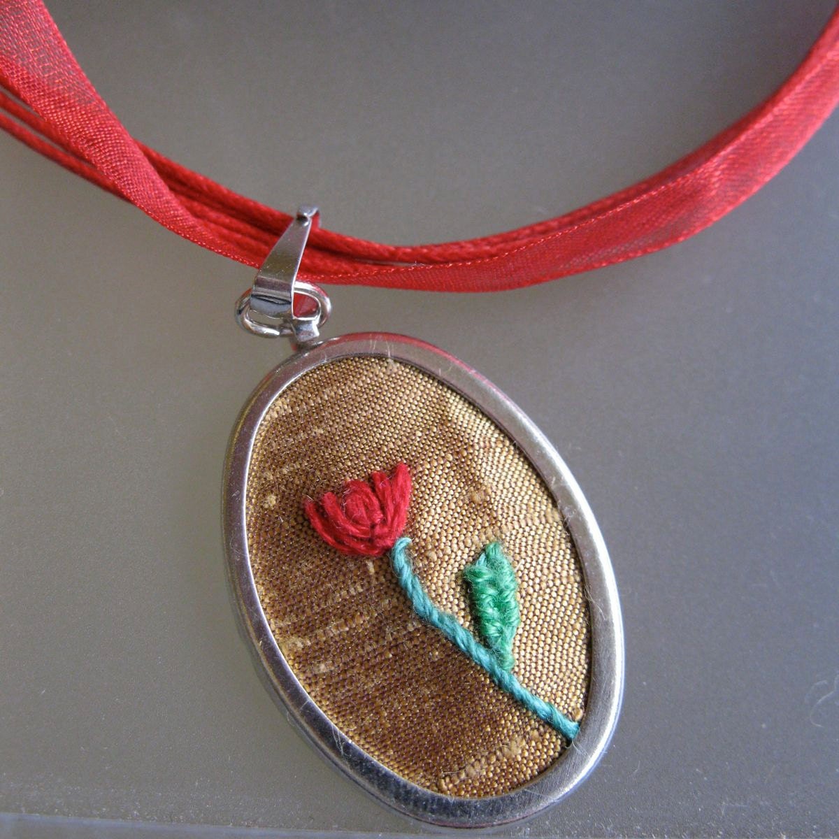 Red tulip necklace embroidered pendant
