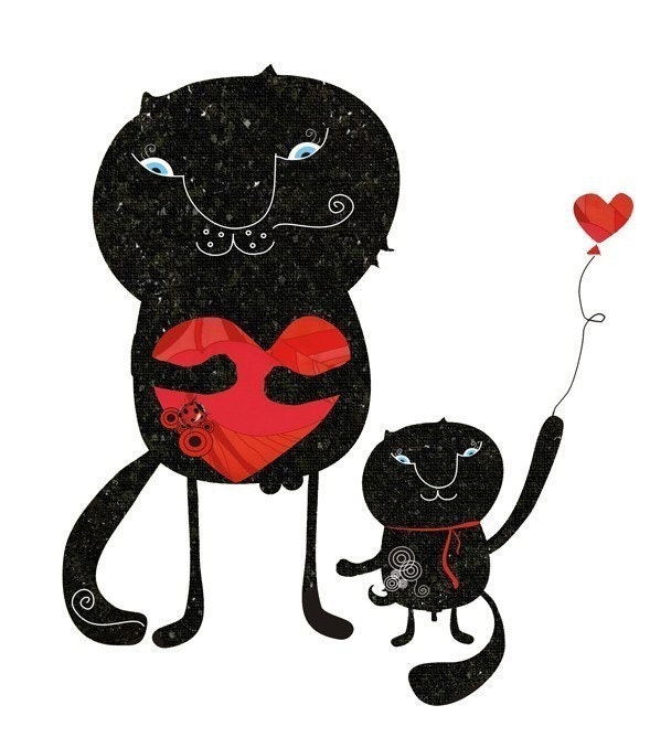 Art Digital Print, Black cat in love, Cat Illustration Art Print, Limited Edition to 50