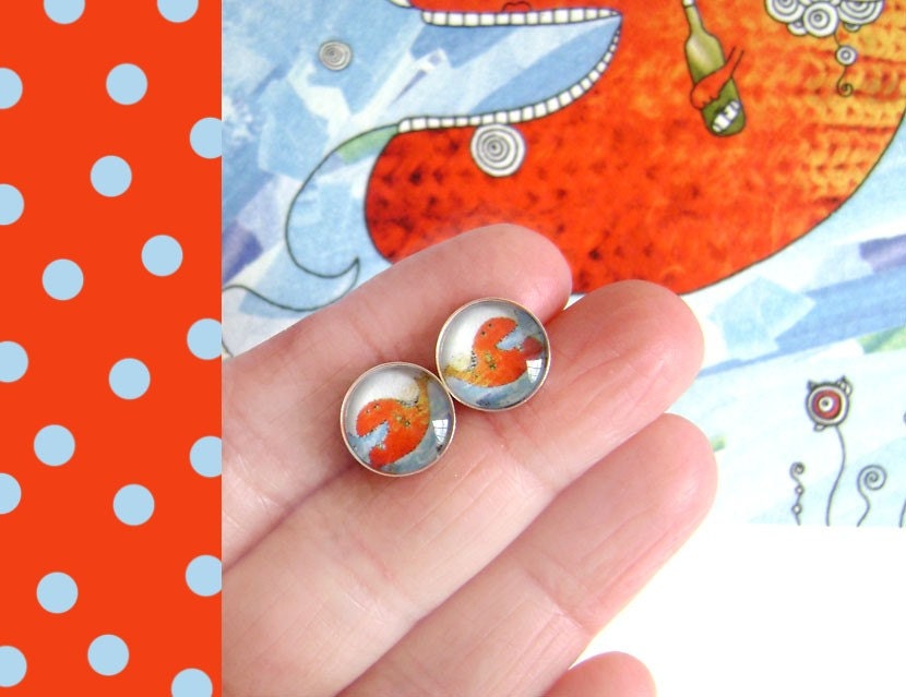 Silver Sterling Studs -Happy Whale. Funny earrings. Wearable art.