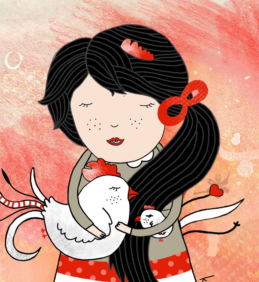 Girl with chicken - Galina.  Farm animal. Animal illustration print. Nursery room.