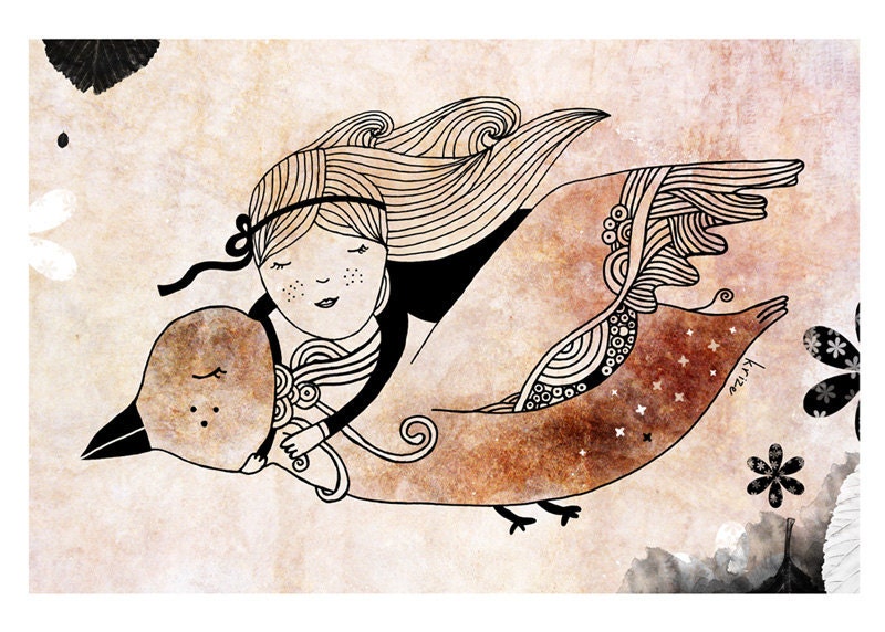 Girl and Bird Digital Print - Fly