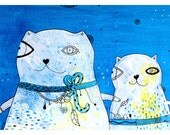 Original acrylic painting - Blue days. Acrylic. Two cats. Wall decor. Cat art.