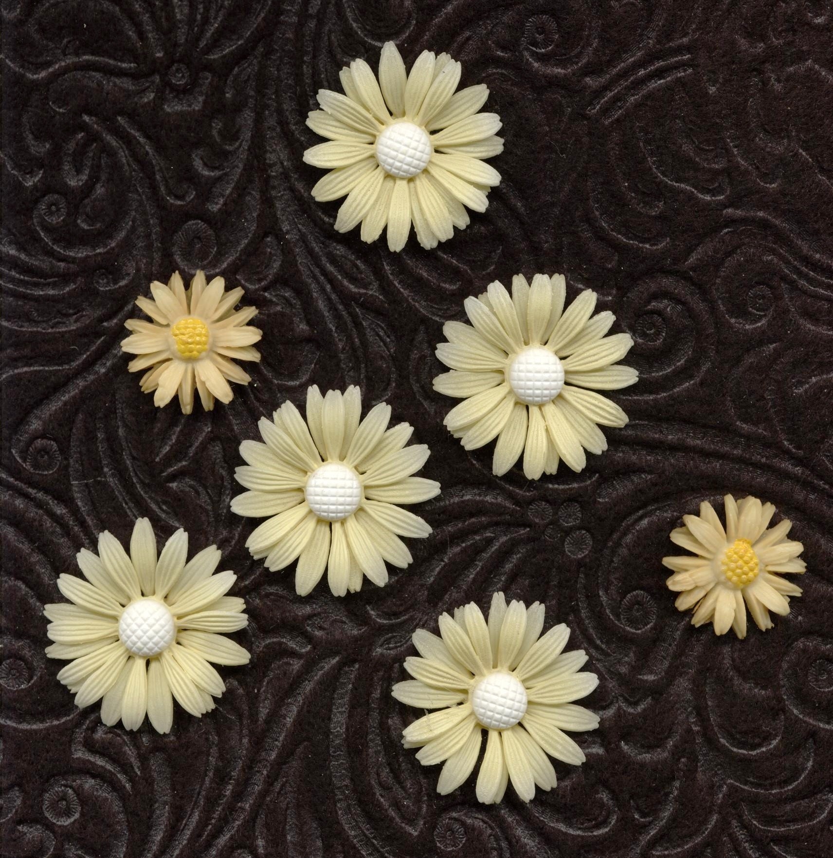 FANTASTIC VINTAGE PLASTIC LUCITE RUFFLED DAISY DAISIES FLOWERS CABS CHARMS JEWELRY FINDINGS BUTTER light YELLOW