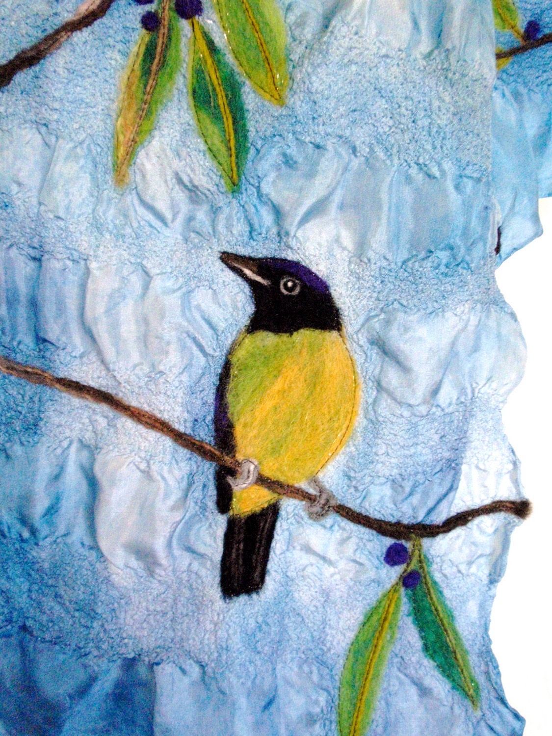 Bird on a Limb - Beautiful Needle Felted Handpainted and Stitched Silk Scarf