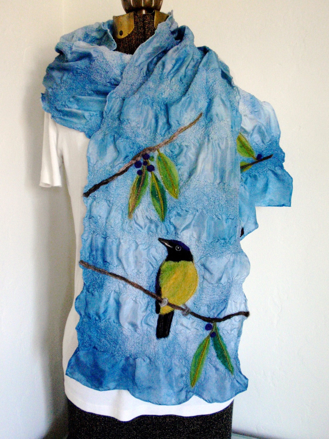 Bird on a Limb - Beautiful Needle Felted Handpainted and Stitched Silk Scarf