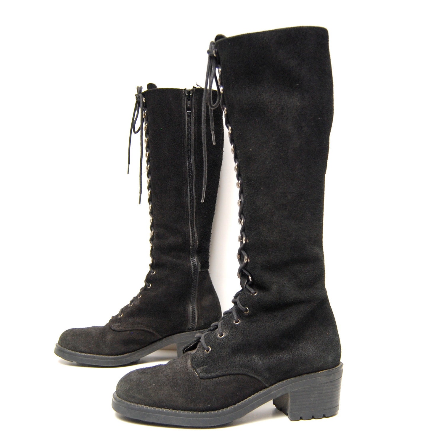 size 7.5 8 PLATFORM black suede leather 80s COMBAT lace zip up knee high TALL boots