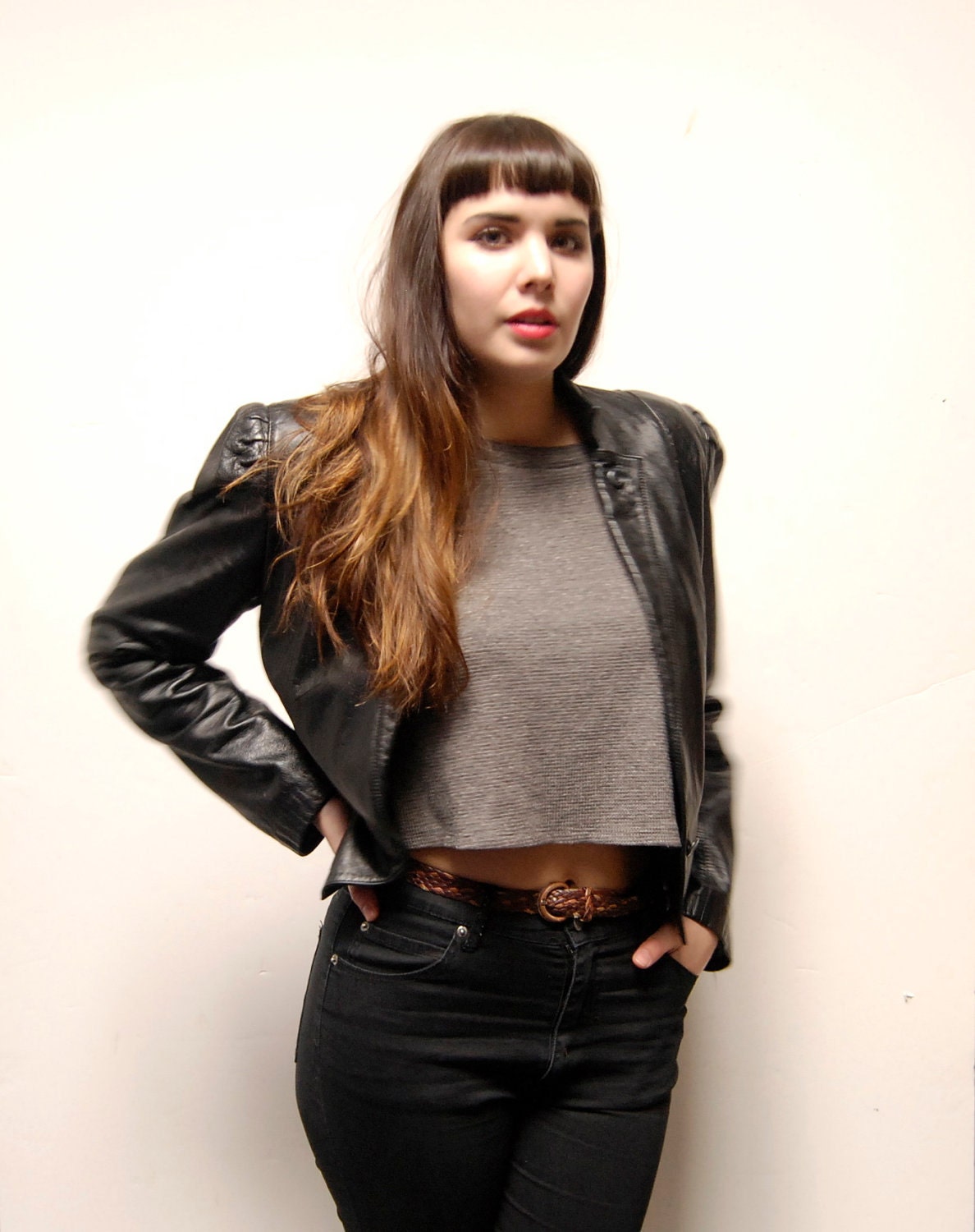 black leather 80s CROPPED jacket