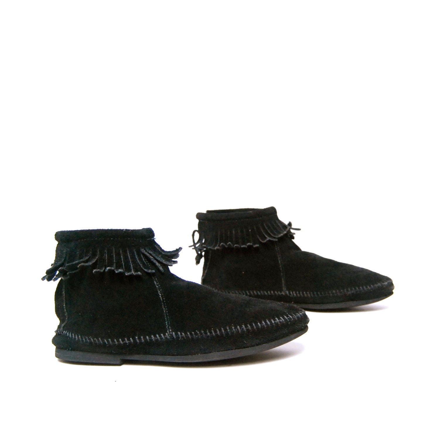 size 8 FRINGE black suede 80s MOCCASIN zip up booties MINNETONKA