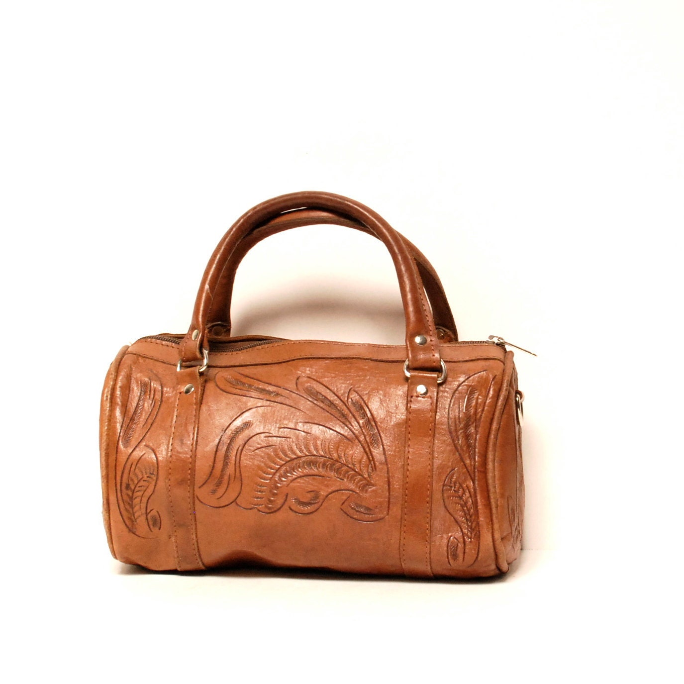 HANDTOOLED tan leather 80s MEXICAN FLORAL duffle handbag