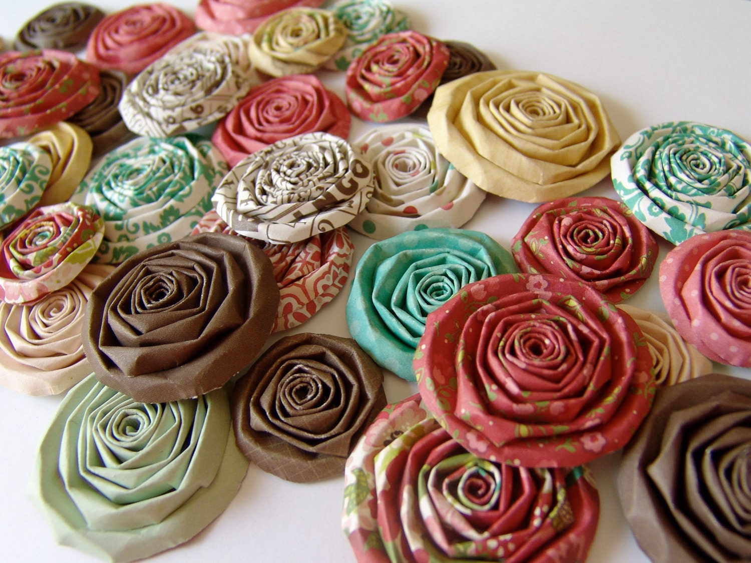 Paper flowers set of 40 red brown aqua handmade roses new Echo Park This and That scrapbooking flower
