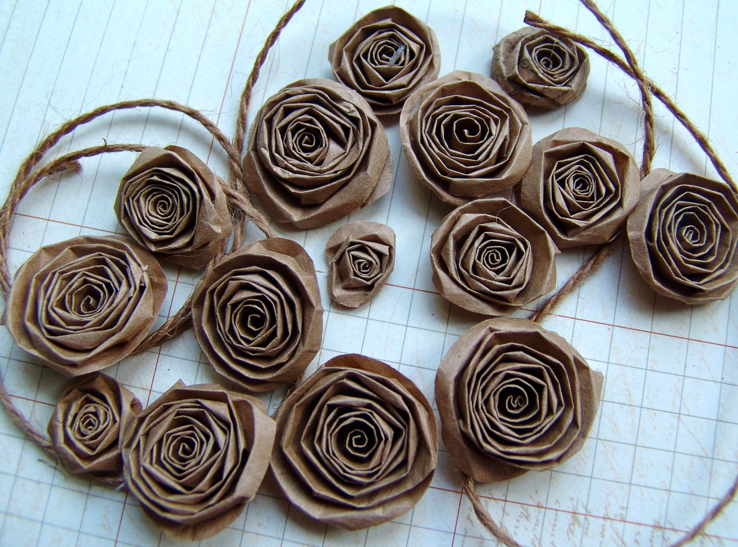 Upcycled Recycled Paper Bag handmade paper flowers SET of 15 kraft paper roses